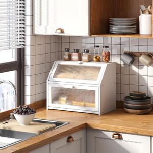 STDDRE Bread Box for Kitchen Countertop Bin Double Layer Bread Box Storage Container Extra Large Capacity Farmhouse with Diamond Pattern Windows (White, Large)