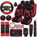 BBTO 43 Pcs Butterfly Car Seat Full Set Butterfly Car Accessories for Women 5 Front Rear Seat Covers Wrist Strap 2 Pcs Cup Mat Armrest Pad 2 Belt Cover Accessories for SUV(Red, Black)