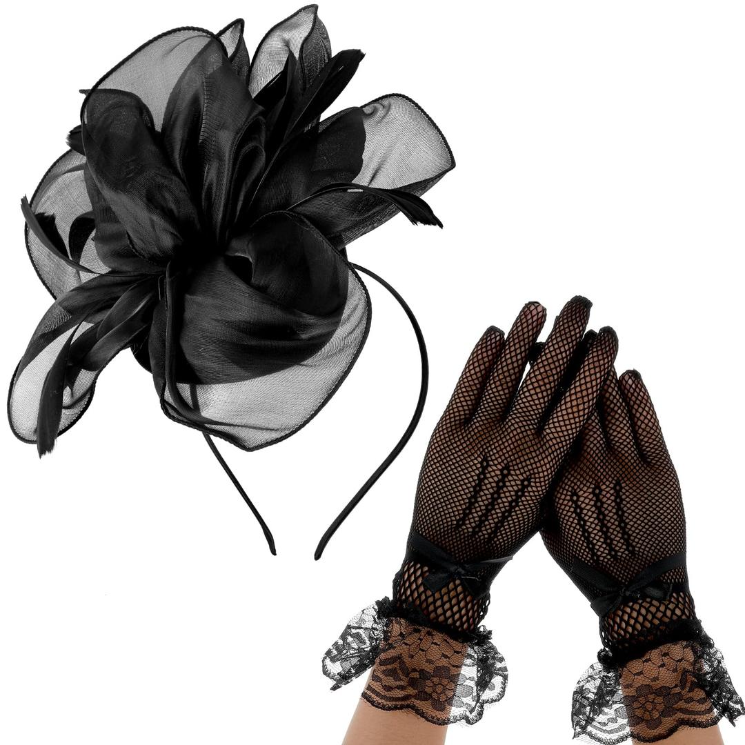 WLLHYF 2 Pcs Women Fascinator Fascinator with Headband and Lace Glove 50s Vintage Style Wedding Feather Veil Hair Clip Black