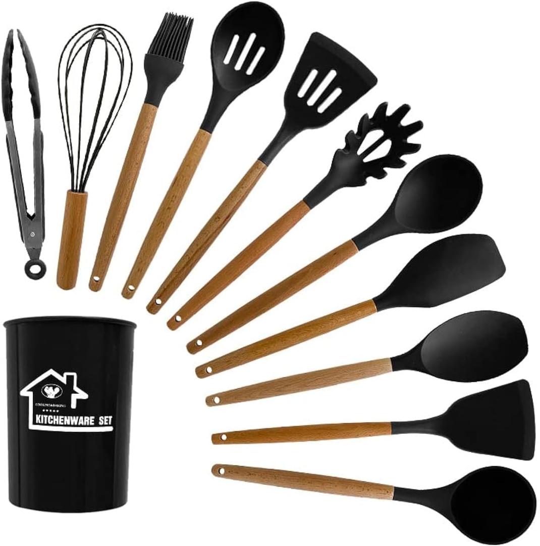 Silicone Kitchen Tool Set, 12 Pieces, Spoons, Spatulas, Tongs (Black), 12pcs