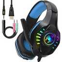 SVYHUOK Pro Gaming Headset for PC PS4 Xbox One Surround Sound Over-Ear Headphones with Mic LED Light Bass Surround Soft Memory Earmuffs for Computer Laptop Switch Games Kid’s Boy’s Teen’s Gifts
