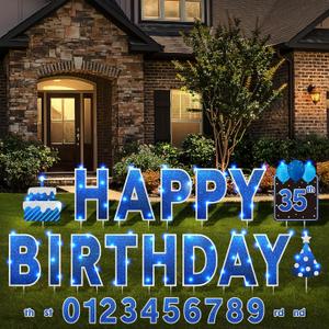 Yerliker 16 Pcs Happy Birthday Yard Signs with Stakes, 32.8 ft LED Lights, 42 Pcs Number Stickers, 13.4 Inch Letters Signs for Birthday Party Supplies Yard Lawn Outdoor Decoration(Royal Blue)