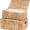 LUSYDECO Set of 2 Scalloped Edge Wicker Basket with Lids, Rectangle Wicker Storage Basket with Built-in Handles, Multipurpose Organizer Rattan Display Boxes for Shelf, Nursery Room