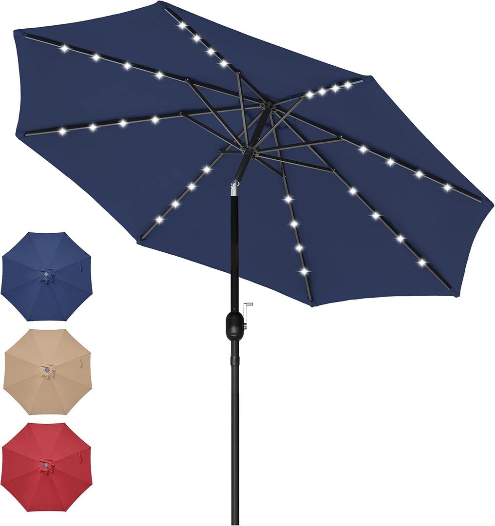 Simple Deluxe 9' Solar Umbrella 32 LED Lighted Patio Umbrella Table Market Umbrella with Push Button Tilt/Crank Outdoor Umbrella for Garden, Deck, Backyard and Pool (9ft LED, Dark Blue LED)