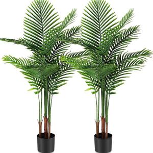 Jexine 2 Pack Artificial Palm Trees 4Ft, Fake Plants Fake Trees Artificial Areca Palm Plants for Outdoor Indoor Faux Palm Tree in Pot for Pool Home Decor Office Housewarming Gift Modern Decoration