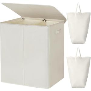 WOWLIVE 180L Double Laundry Hamper with Lid and Removable Laundry Bags, Large Dirty Clothes Hamper 2 section Collapsible Laundry Basket Dorm Room Storage for Bedroom, Bathroom, College,Beige