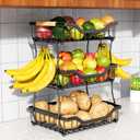 OKZEST 3-Tier Fruit Basket for Kitchen Counter, Wall-Hanging Fruit Bowl and Kitchen Countertop Organizer with 2 Banana Hooks, Fruit Storage Holder for Storing Potato Onion Snack Bread Fruit Vegetable