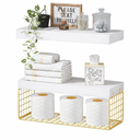 QEEIG White Bathroom Shelves Over Toilet - Wall Mounted Floating Shelves Farmhouse Shelf Toilet Paper Storage Small 16 inch Set of 2 (019-W2)