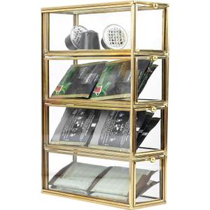 HighFree Gold Glass Coffee Pod Organizer with 4 Drawers, Clear Storage Glass Box for K-Cups, Tea Bags, Sugar Packets, Counter Top Collection Display Holder for Home, Office