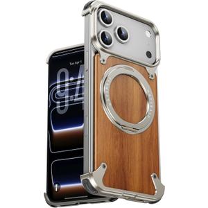 OATSBASF Frameless for iPhone 17 Pro Max Case, Sleek Minimalist Protective Shock Absorption Aerospace Grade Shells with 360° Rotating Kickstand, Wood Grain-Natural Titanium