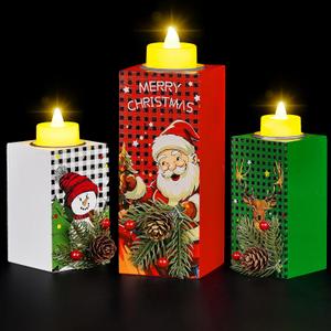 BlcTec Christmas Decorations Indoor, 3 PCS Christmas Wood Candle Holders with LED Tea Lights & 3D Carving Craft, Wood Christmas Centerpieces for Home, Table, Office, Tiered Tray, Shelf Xmas Dcor (Red White Green (Style C))