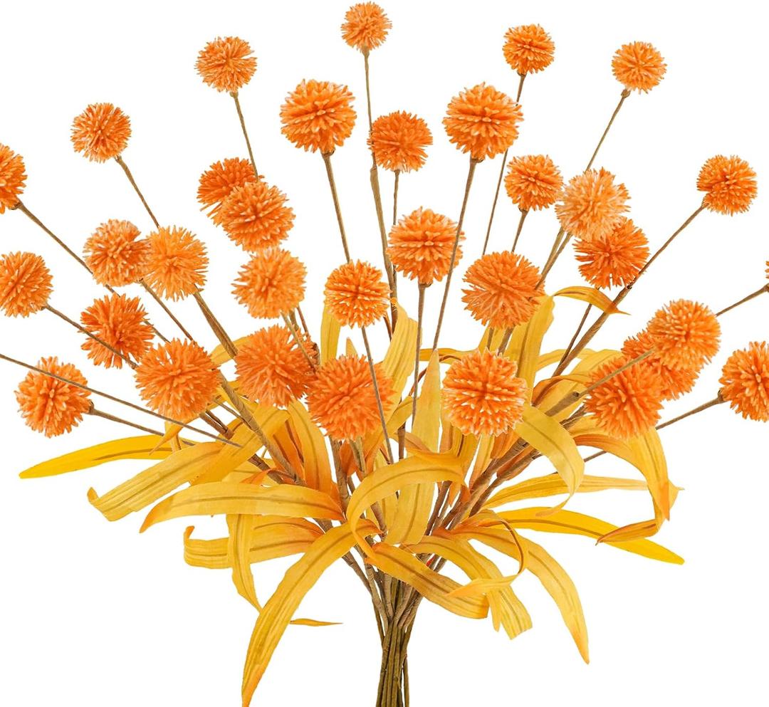 12Pcs Artificial Craspedia Billy Balls Flowers Faux Thistle Globe Echinops Bouquet Plastic Floral for Wedding Flower Arrangements DIY Home Dcor Orange