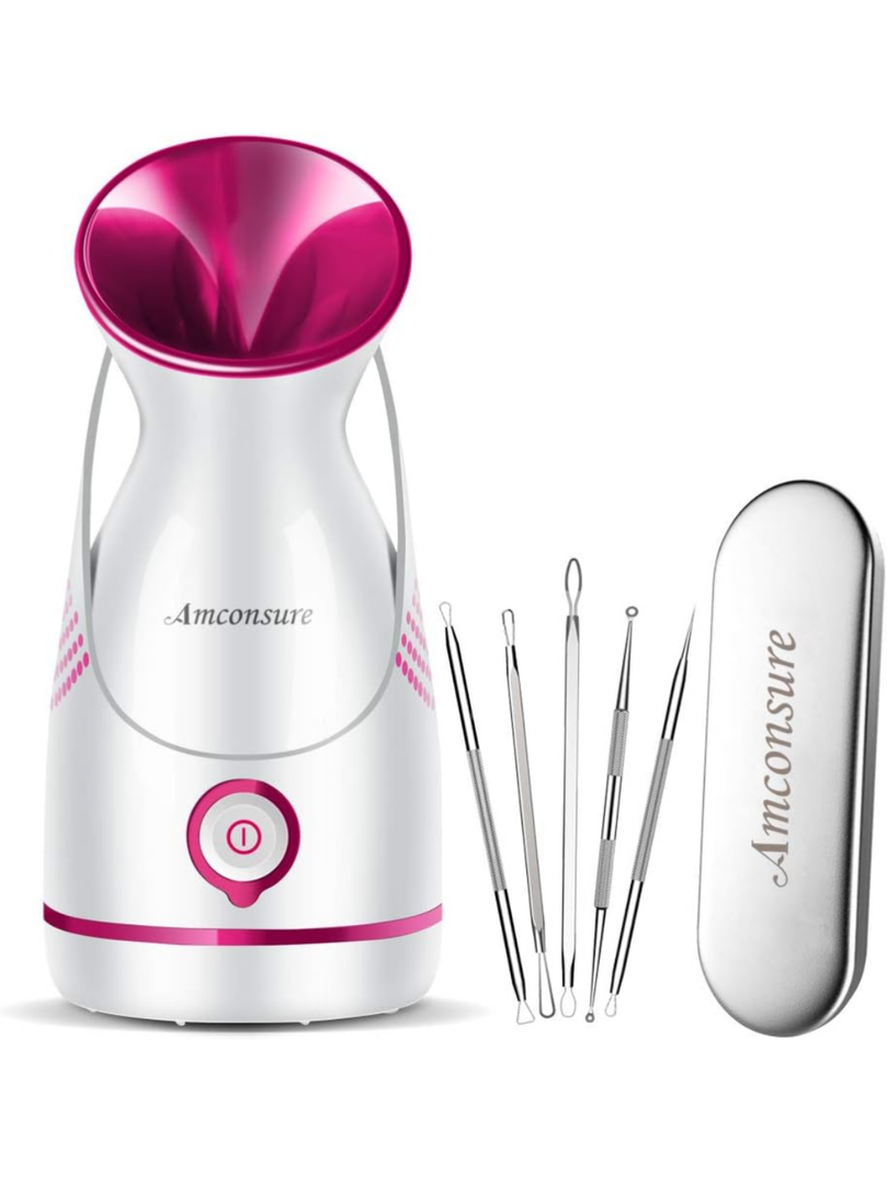 Amconsure Facial Steamer - Nano Ionic Face Steamer Warm Mist Steamer for Home Sauna SPA, Humidifier for Face Steamer for Deep Cleaning Unclogs Pores Sinuses - Bonus 5 Piece Stainless Steel Skin Kit