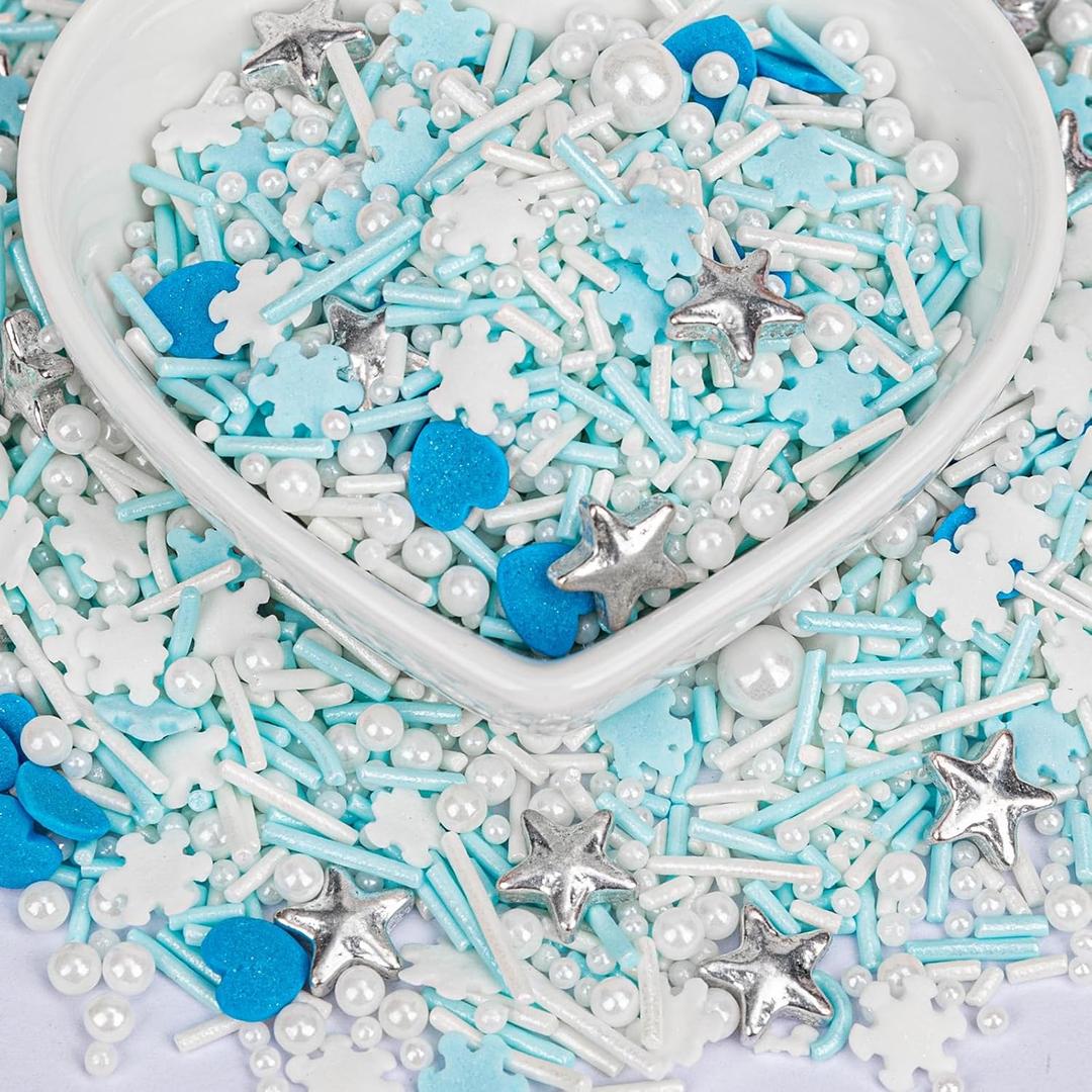 Twisweet Edible Sprinkles for Cake Decorating, Frozen Theme Snow Pearl Star Sugar Sprinkles Mix Baking Candy, Cupcake Topper Cookies Ice Cream Cake Decorations, Birthday Wedding Christmas Winter Themed Party Supplies (130g/4.58oz) (EXP 05/01/26)