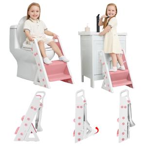 Primlect Space-Saving Potty Training Seat with Ladder, Adjustable Step and Toilet Seat Height, Top Handles for Easy Climbing, Easy to Carry, Portable Toddler Toilet Trainer for Small Bathrooms (Pink)