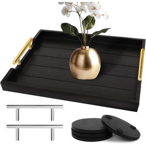 Coffee Table Trays - Large Ottoman Tray for Living Room - Wood Serving Trays with Handles(2 Sets) - Wooden Tray for Coffee Table, 4 Round Coasters Included, Black