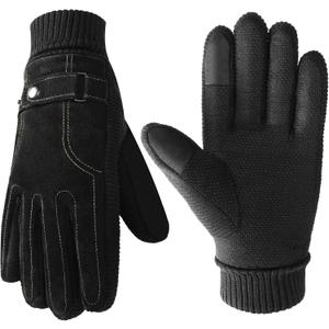 Winter Gloves for Men, Leather Gloves Mens Thermal GloveTouch Screen Resistant Windproof for Running Cycling Driving (Black)