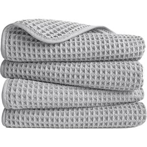 POLYTE 430 GSM Microfiber Lint Free Hand Towel, 16 x 30 in, 4 Pack (Waffle Weave) (Light Gray)