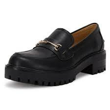 Womens Lug Sole Platform Mid Chunky Heel Loafers Classic Round Toe Slip On Office Uniform Oxfords Shoes with Metal Chain,  8.5