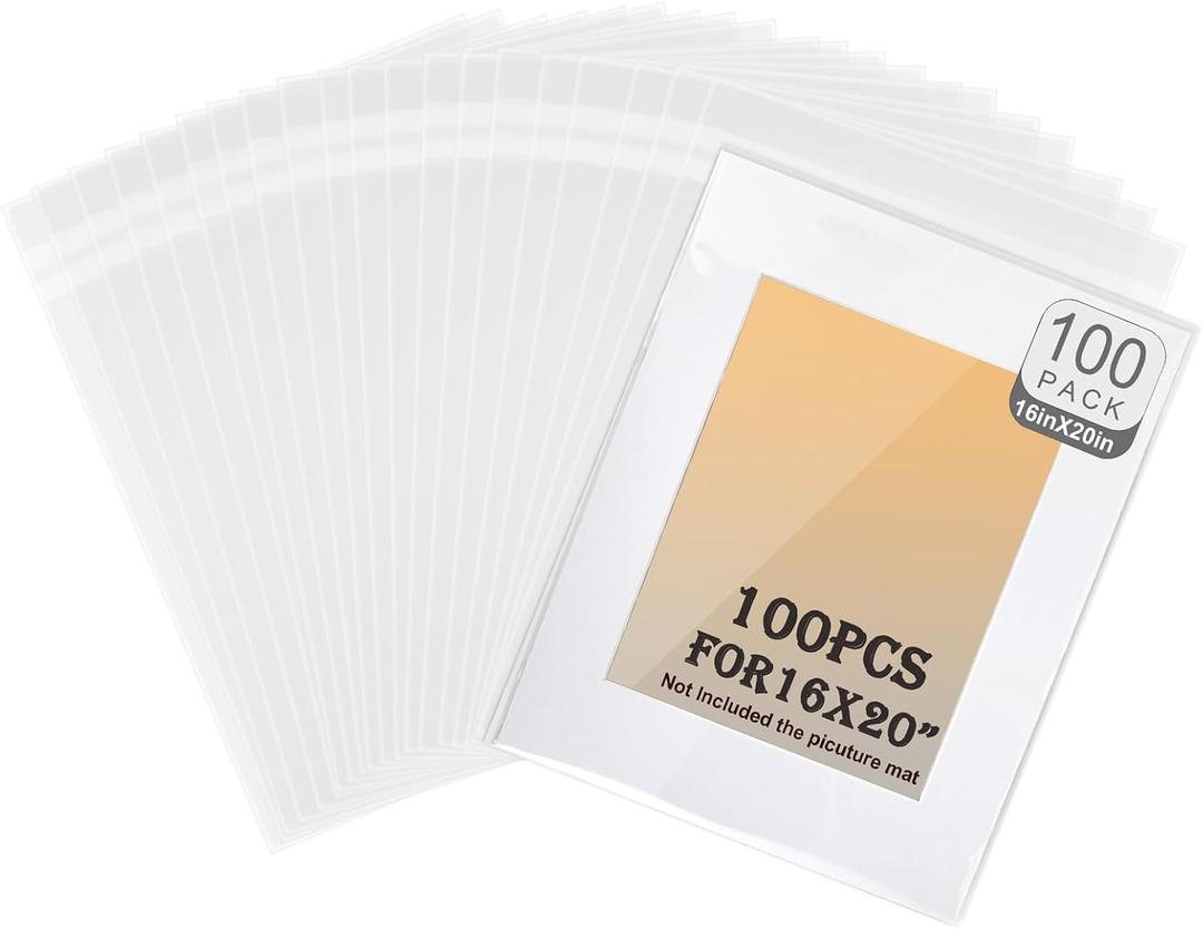 100 Pack Acid-Free Crystal Clear Sleeves Storage Bags 16 3/8 X 20 3/11,Plastic Bags for 16x20 Art Prints/Framing Mat Mattes/Pictures/Photos (Bag Size: 16 3/8 X 20 3/11"")