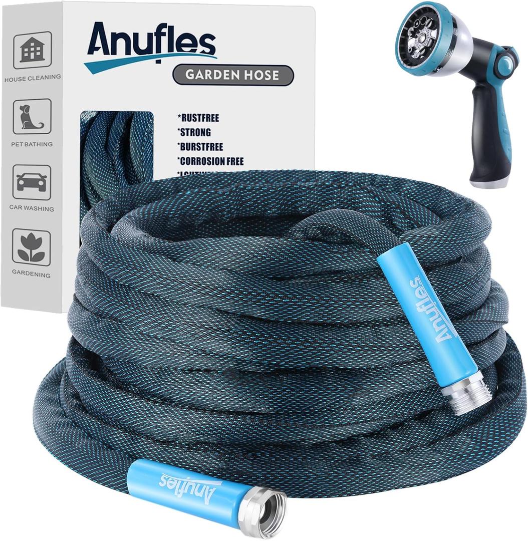 Aunfles 100FT Garden Hose - Flexible Water Hose with 10 Spray Nozzle, Lightweight Design, Easy Storage, Leak-Proof, Compact, Portable, Car Wash for Yard (Blue)