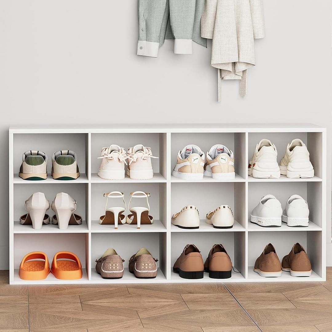 Aenuert 12-Cubby Shoe Rack, 3-Tier Wood Shoe Organizer, Multifunctional Shoe Organizer Bench for Entryway, Mudroom, Hallway, Closet,36.22 * 11.81 * 17.72 Inch,White, 12-cube 3-tier