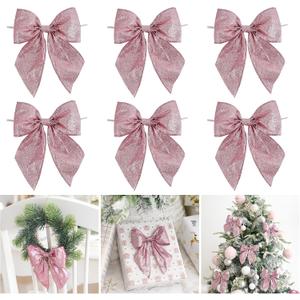 AIMUDI Pink Glitter Wired Ribbon Bows with Twist Tie 5.5" Premade Metallic Christmas Bows for Gift Wrapping, Wreath, Garland, Holiday Crafts Party Home Outdoor Christmas Tree Decorations, 12 PCs