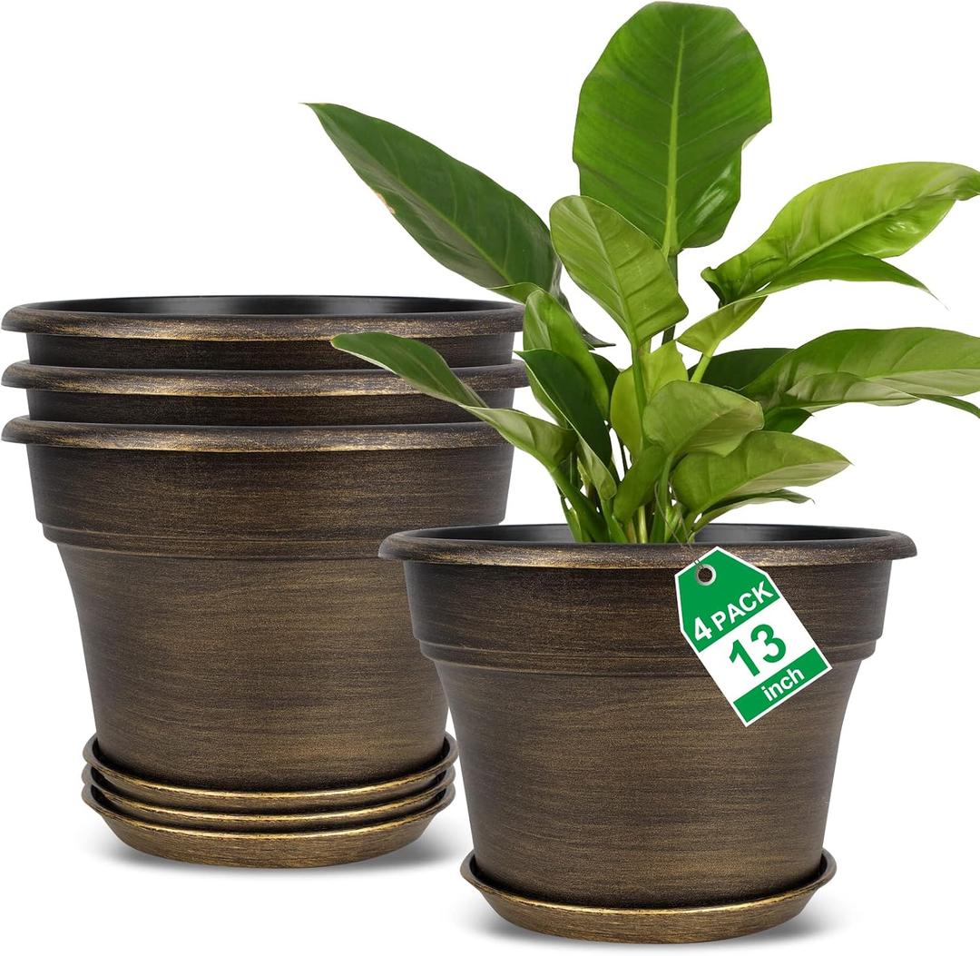 Plant Planters Pots Set of 4 Pack 13 InchLarge Plastic Flower Pot for Indoor Plants with Drainage Holes & Trays, Resin Decorative Container Sets with Saucer for House Outdoor Garden Plant Dark Gold