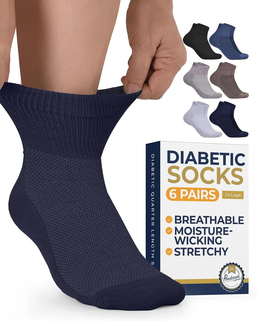 Pembrook Ankle Diabetic Socks for Women & Men | 6 Pairs | Wide Non Binding Neuropathy Socks | Quarter Length, Large