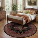 RELEANY Area Rugs Round 8ft Washable Non-Slip, Floral Vintage Distress Medallion Carpet for Living Room Bedroom Dining Room, Red Black