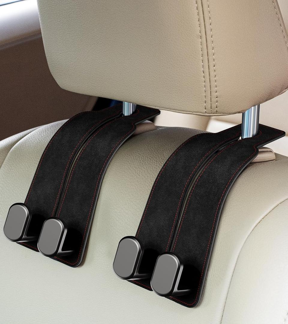 AMINOR 2 Pack Car Seats Hooks for Headrest, 2-in-1 Premium Leather Car Headrest Hanger with Metal Hooks, Car Seat Back Storage Hooks for Purses, Handbags, Phone (Black)