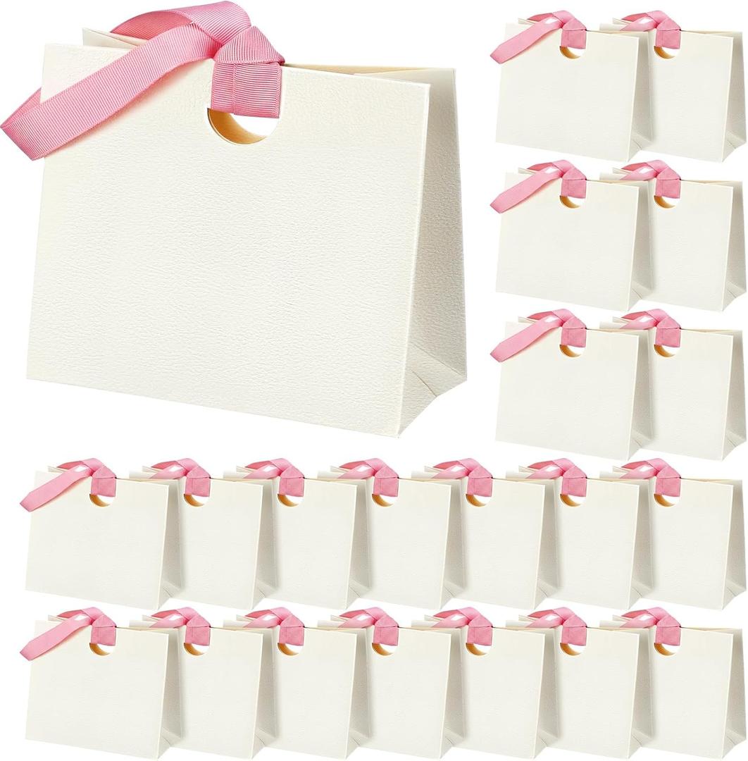 Gilprop 25 Pcs Wedding Mini Gift Bags with Ribbon Handle Bulk Thick Texture Paper Bridal Shower Wedding Welcome Bag for Housewarming Holiday Birthday Party (White Pink)