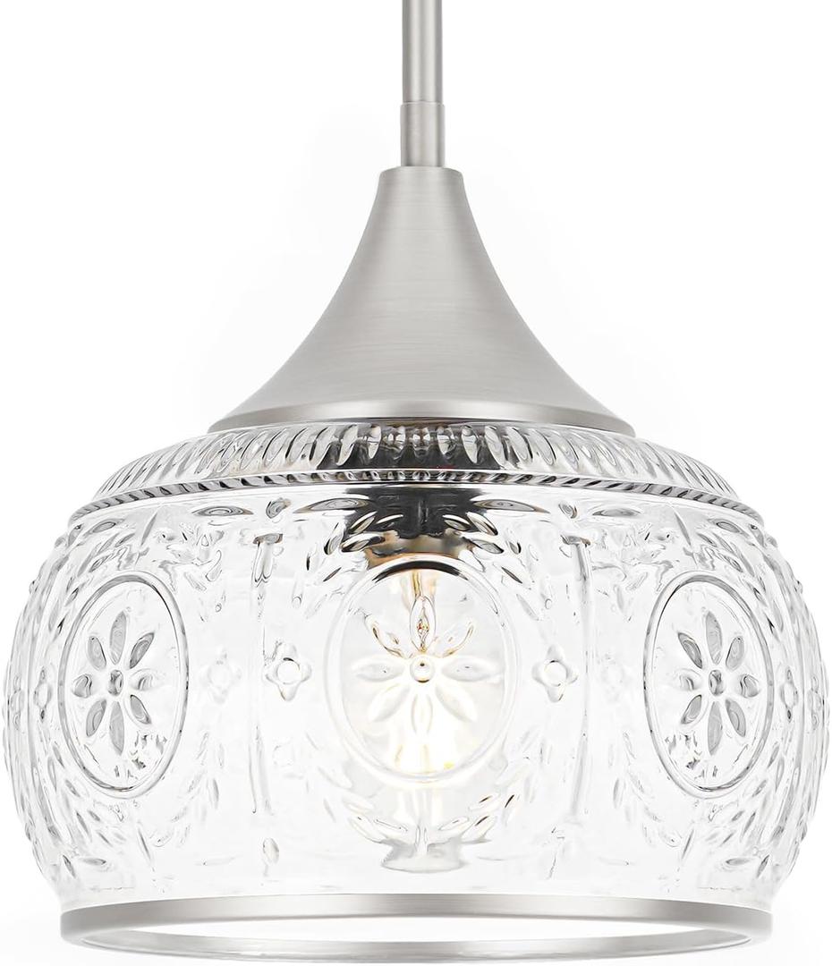 Brushed Nickel Pendant Light - Modern Pendant Lights Kitchen Island with Handblown Glass, Vintage Hanging Light for Kitchen with Adjustable Height, Lithging Fixture for Dining Room Sink (9.25in-pendant)