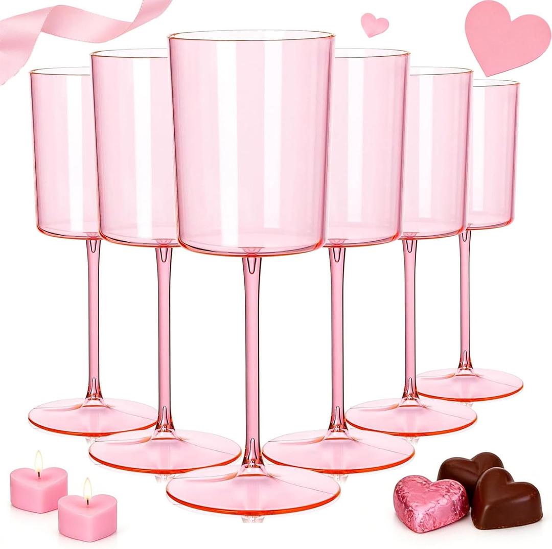 Ciaell 12 Pack Pink Plastic Wine Glasses - 14Oz Plastic Wine Glasses with Stem - Disposable Stemmed Wine Glass for Parties & Weddings & Outdoor & Valentine's Day
