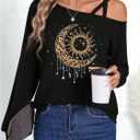 Floerns Women's Graphic Asymmetrical Neck T Shirt Long Sleeve Casual Tee Top (Black, L)