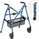 Stander Wonder Walker Plus Short, Lightweight Junior Folding Mobility Aid for Petite Adults, Seniors, and Elderly, Collapsible Travel EZ Fold-N-Go with Wheels, Glides & Basket, Cobalt Blue
