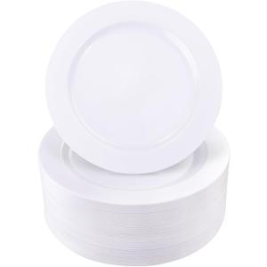 I00000 50 Pcs White Plastic Dessert Plates, 7.5 inch Disposable Salad Plates, Premium Appetizer Plates for Party, White Plastic Plates for Wedding
