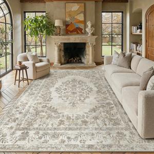 PureCozy 9x12 Washable Area Rug Beige Non Slip Thick Soft Vintage Carpet