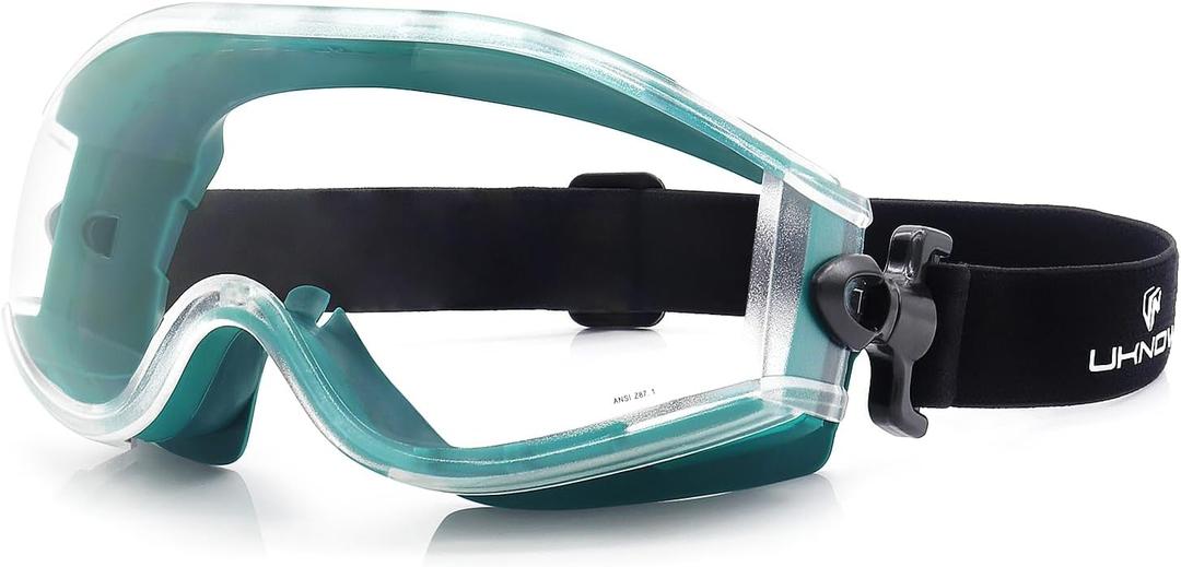 UKNOW Safety Goggles Over Glasses - Anti-Fog Clear Lens - ANSI Z87.1 Certified Eye Protection for Lab Work, Industrial Use (Teal)