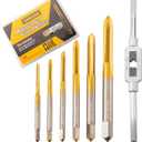6pcs Metric Tap Set with Tap Wrench, M2～M6 Ti-Coated M2 HSS Thread Tap Set for Metal, Aluminum, Cast Iron, Brass