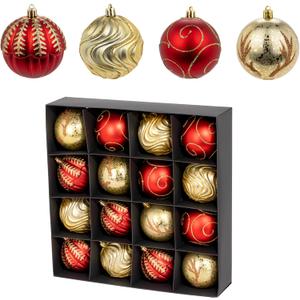 3.15" Luxury Christmas Tree Balls Ornaments, 16Pcs Colored Shatterproof Plastic Hanging Ornaments Set for Christmas Trees Decor/Wedding/Holiday/Party (Gold & Red)