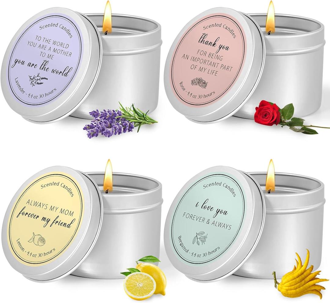 Mothers Day Gifts for Mom from Daughter Son - Birthday Gifts for Moms, New Mom Candle Gift Set, 17.4 oz 4-Pack Aromatherapy Candles, 120H Burn - Lavender | Lemon | Rose & Bergamot