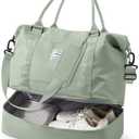 Spirit Travel Duffel - 18x14x8 Inches Weekender Overnight Bag with Shoes Compartment, Trolley Sleeve, Carry On for Airplanes, Sport Tote Gym Bag in BeigeGreen (Large)