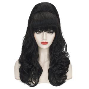 Wiggy Mermaid Beehive Wig Black Women Vintage Long Curly Bouffant Updo Victorian Fembot Wig 60s 50s Costume Married Housewife Heat Resistant Synthetic Hair Wigs for Halloween Party + Cap