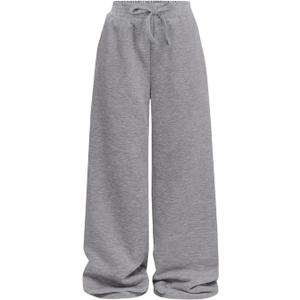Girls Wide Straight Leg Loose Sweatpants Elastic Waist Drawstring Jogger Pants Grey F 11-12Y (Gray)