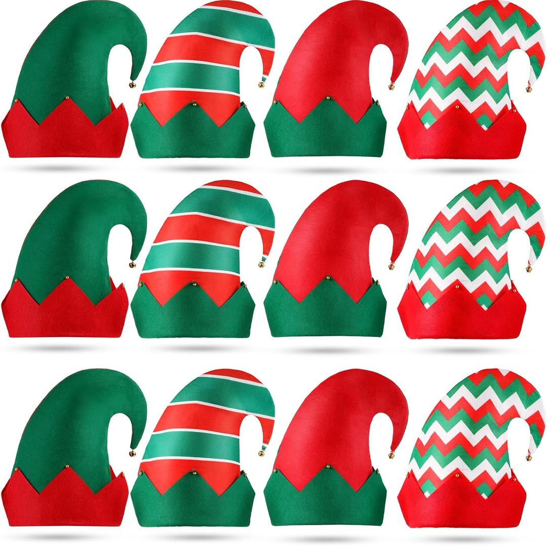 Yaomiao 12 Pcs Christmas Elf Felt Hat Green Red Elf Hats Bulk with Bell Santa Hat for Christmas Party Costume Favors