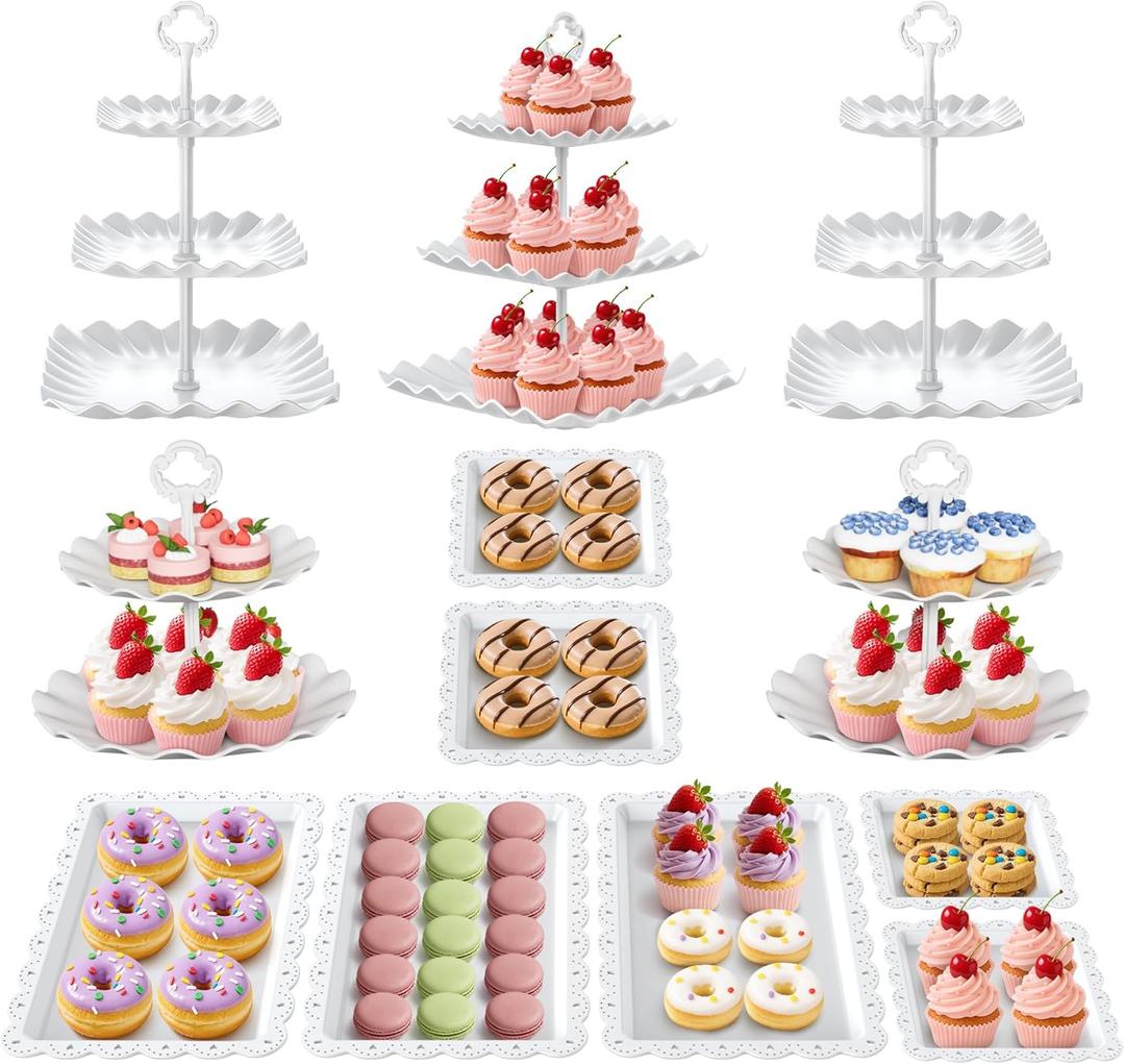 12Pcs Dessert Table Display Set, Cupcake Stand, 3-Tier Cup Cake Tower Stands & 2-Tiered Cake Holder, Treat Food Platters Serving Trays for Tea Party, Baby Shower, Bridal, Wedding, Birthday, Plastic, White