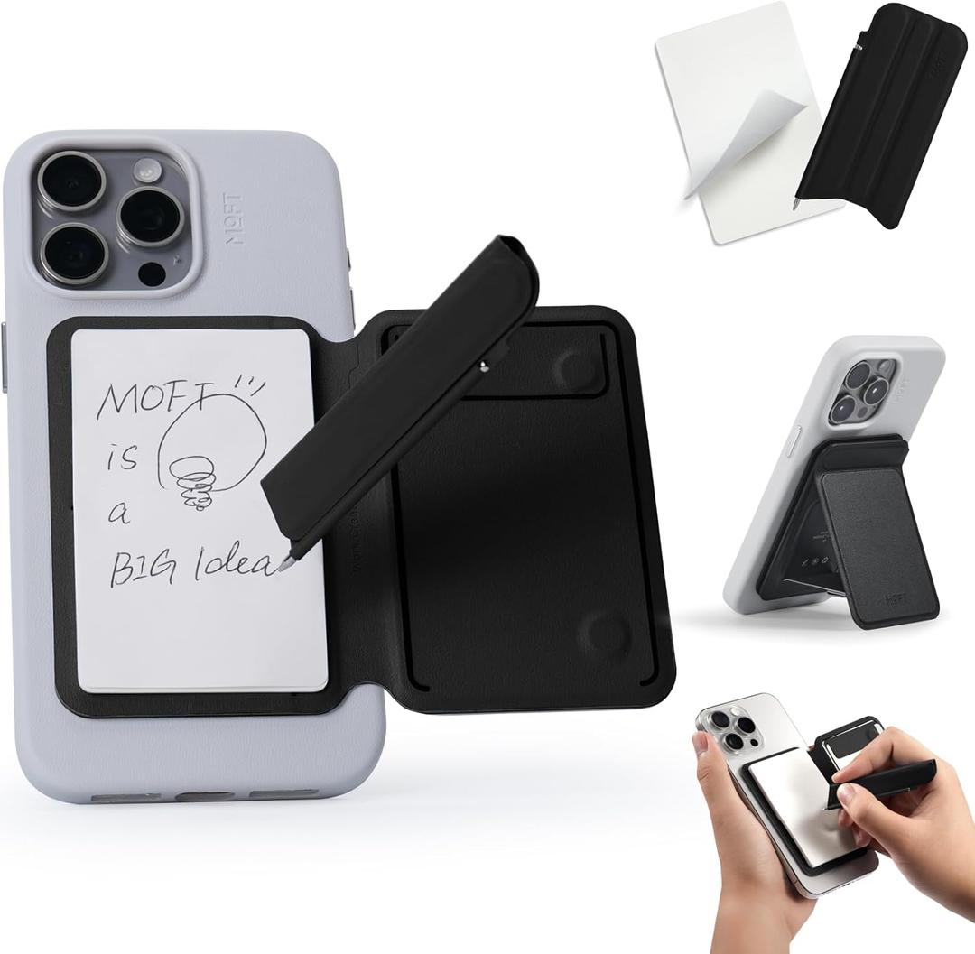 MOFT Action Inspiration MagSafe Phone Stand, Magnetic Notepad Stand Compatible with iPhone 16 Series and Other Phones with Two Types of Notepad and Magnetic Invisible Pen, Jet Black + Jet Black