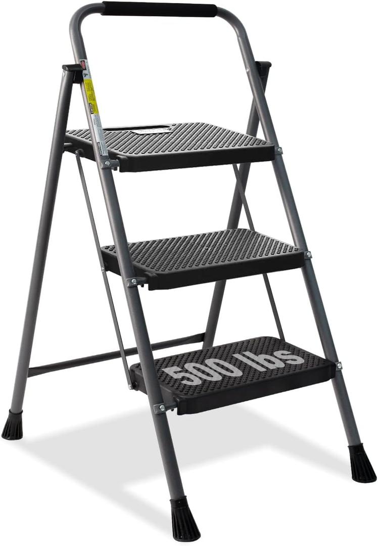 3 Step Ladder, GOLYTON Folding Step Stool with Anti-Slip Wide Pedal & Convenient Handgrip, 500lbs Capacity Steel Ladder for Household and Office, Grey (3-Step, Gray)