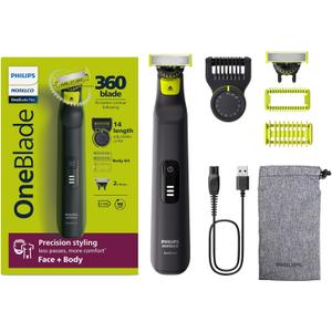 Philips Norelco OneBlade Pro 360 Face + Body, Electric Shaver, Beard Trimmer and Body Groomer, with 360 Blade Technology, 14-Length Precision Comb, Body Kit, Soft Pouch, Model QP6542/70 (Black/Lime Green)